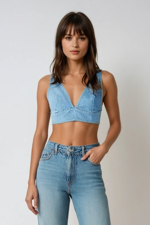 Denim Plunge Crop Top